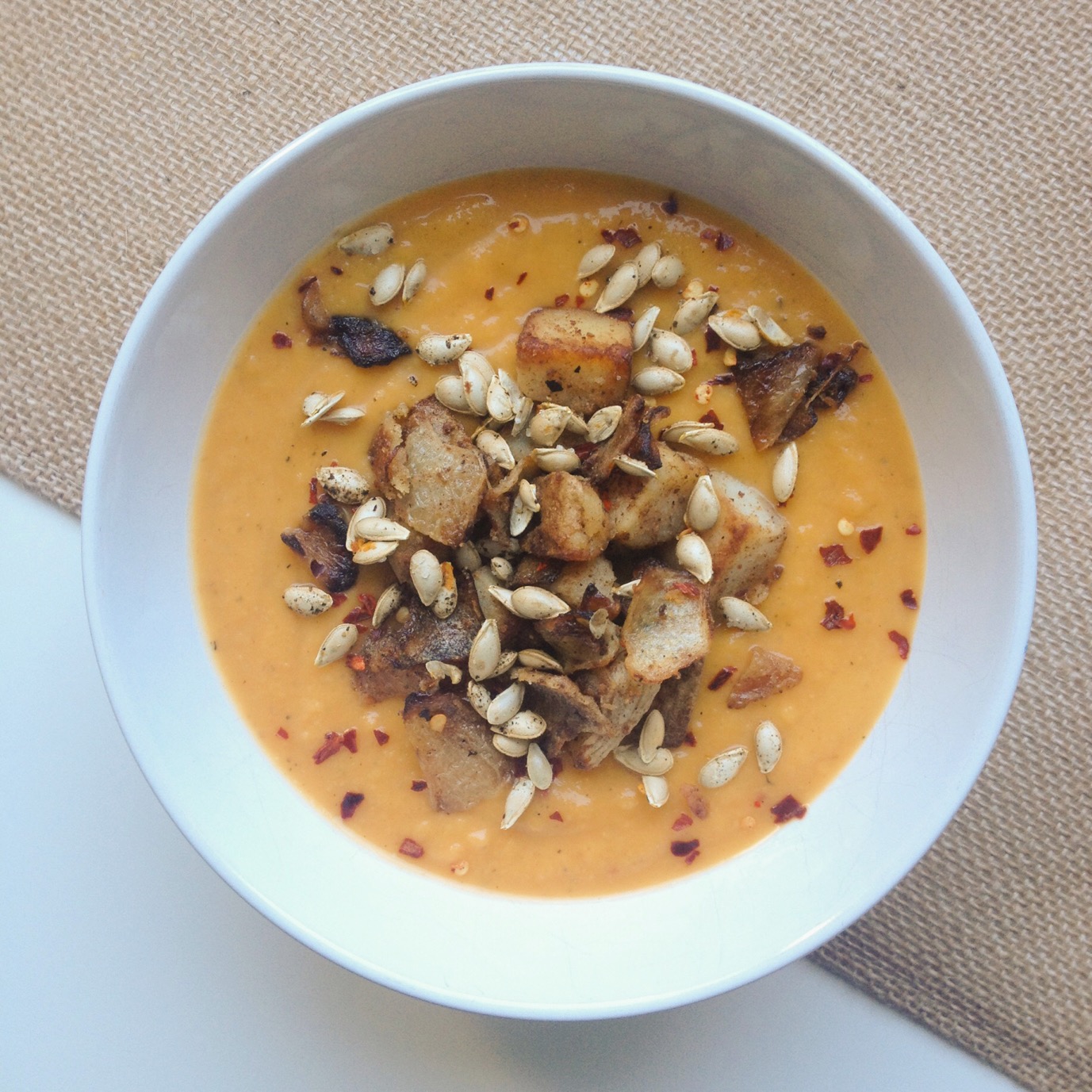 Roasted Butternut Squash Soup with Squash Seeds & Home Fries