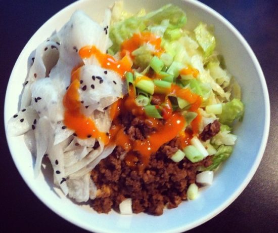 Noodles with Pork, Cabbage, Daikon Sesame Salad