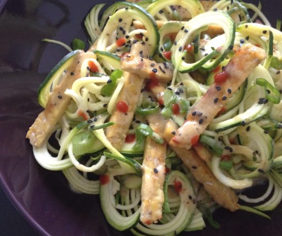 Zucchini noodles with tempeh and lemon tahini dressing