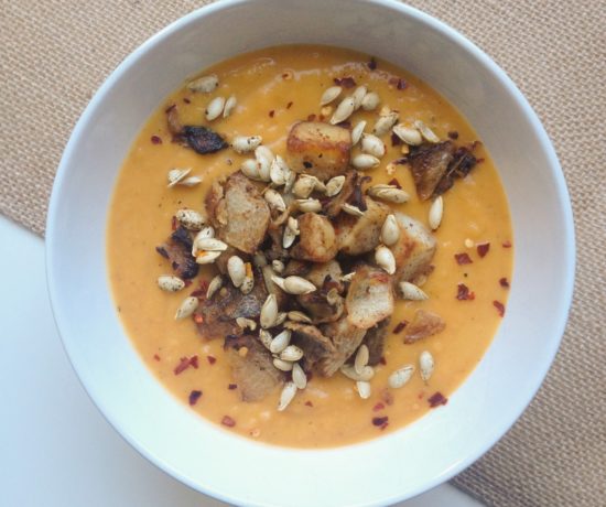 Roasted Butternut Squash Soup with Squash Seeds & Home Fries