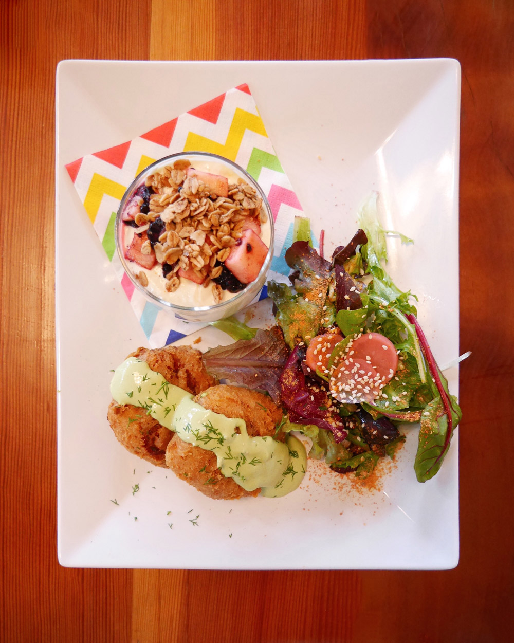 Epif Vegan Brunch - Combo Plate with Dill Cakes, Salad, Parfait