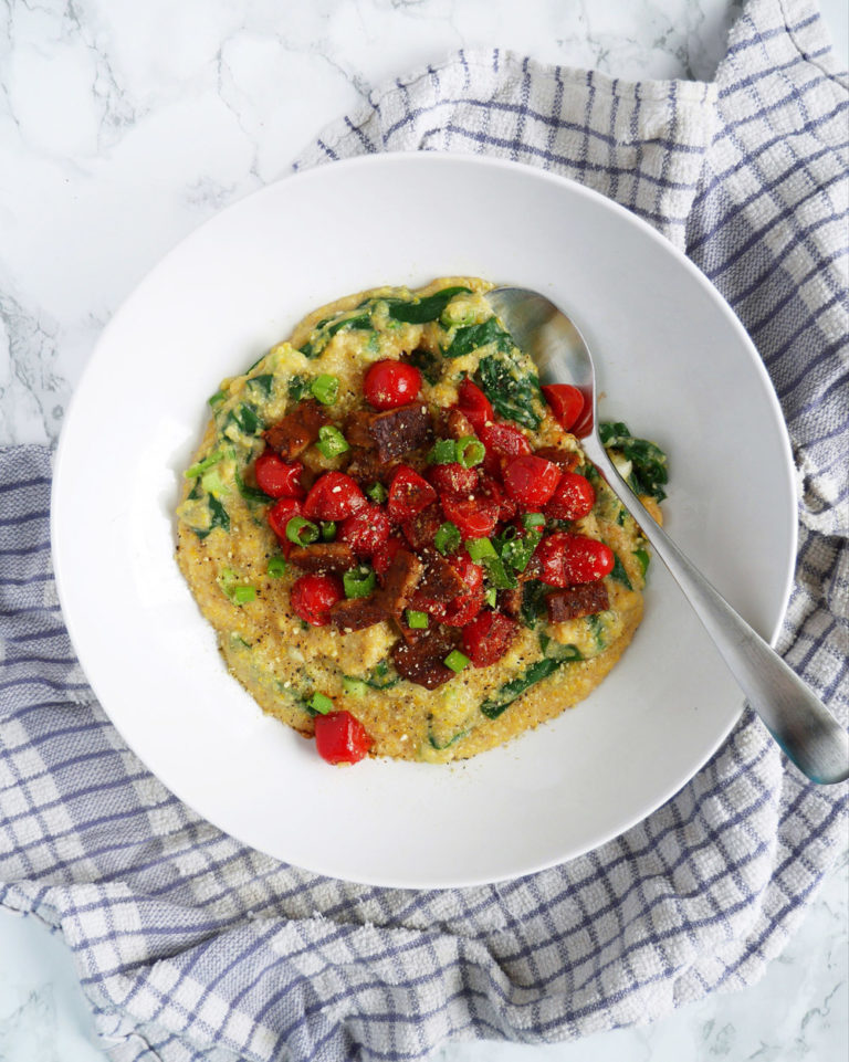 Polenta Corn Grits with Tempeh, Spinach, & Tomatoes Recipe Vegan Cooking by Waz Wu