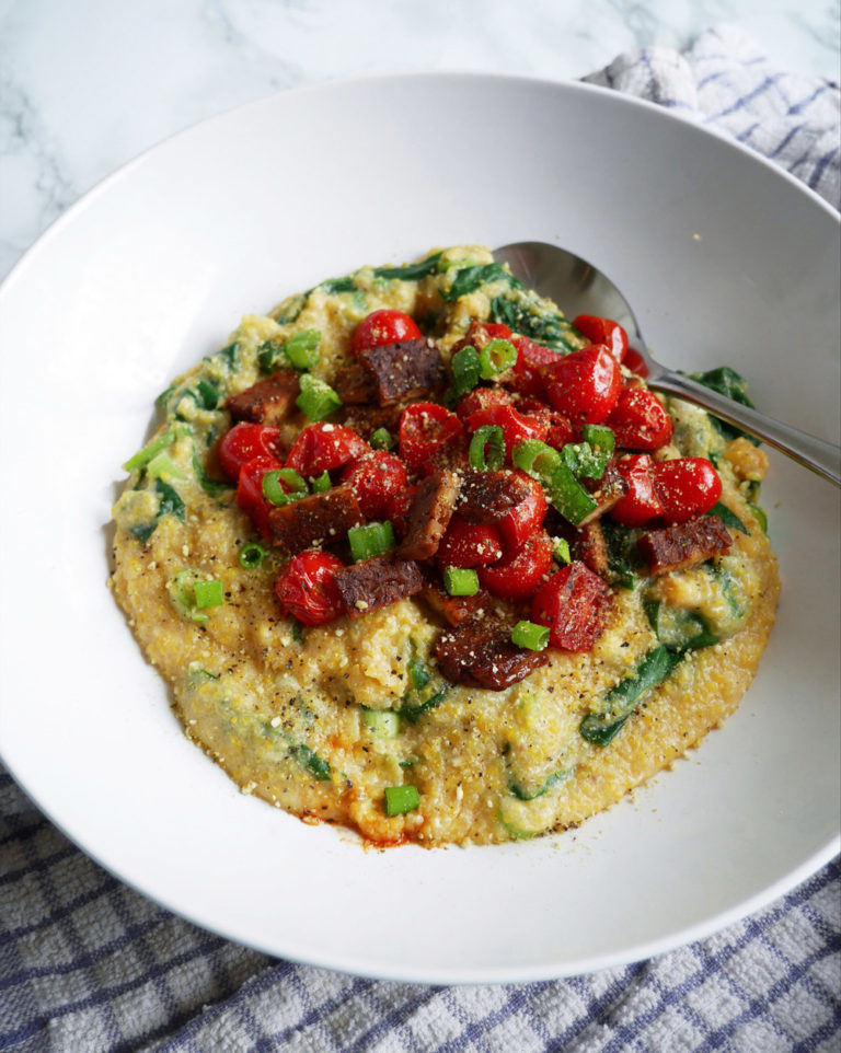Polenta Corn Grits with Tempeh, Spinach, & Tomatoes Recipe Vegan Cooking by Waz Wu