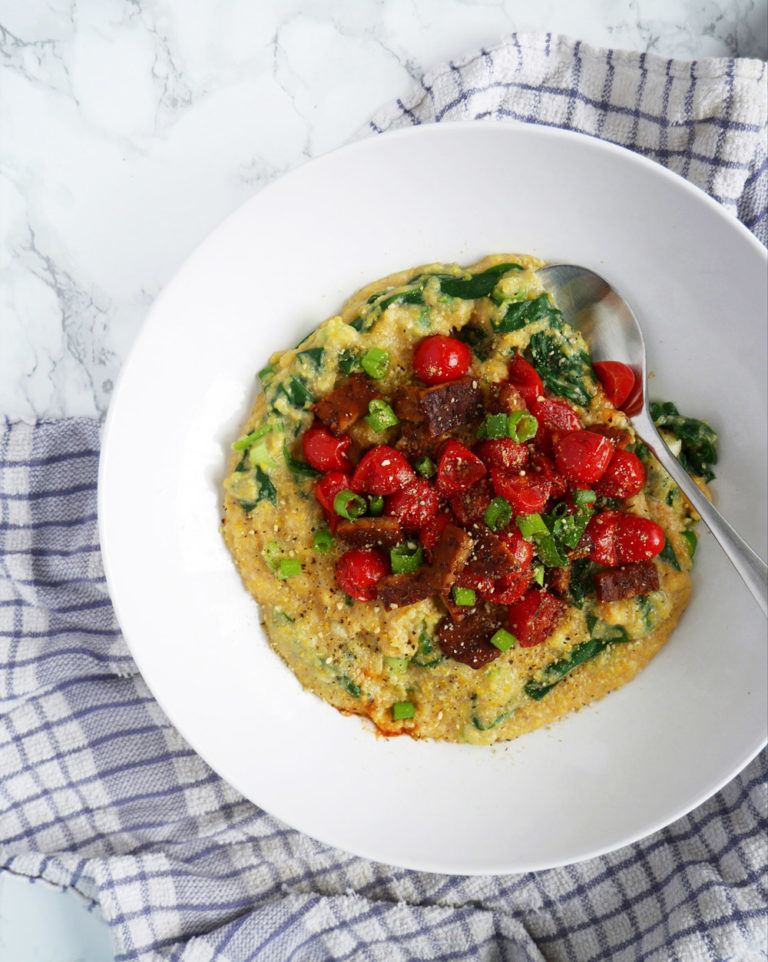 Polenta Corn Grits with Tempeh, Spinach, & Tomatoes Recipe Vegan