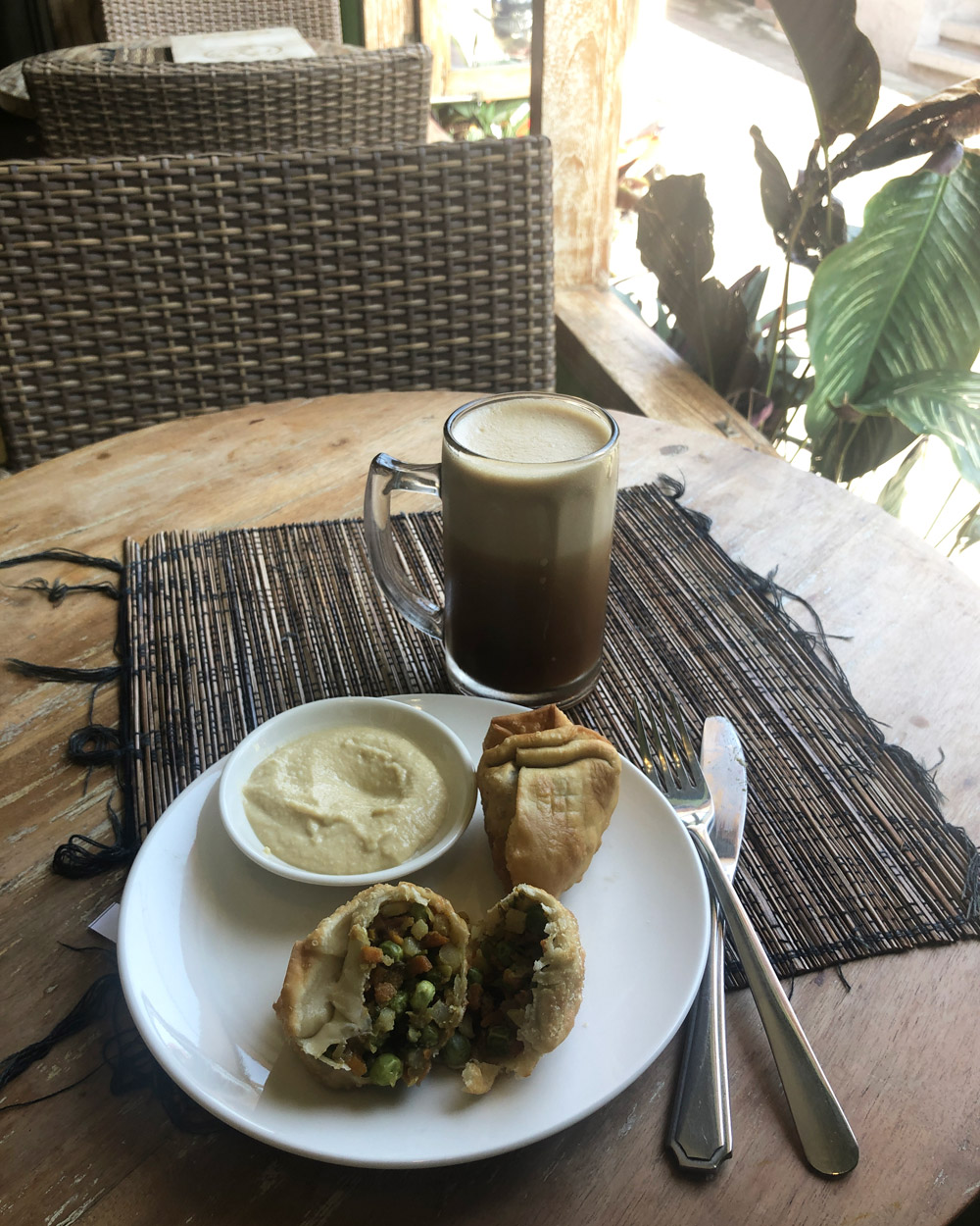 Samosas and ginger beer at Earth Cafe & Grocery in Ubud, Bali